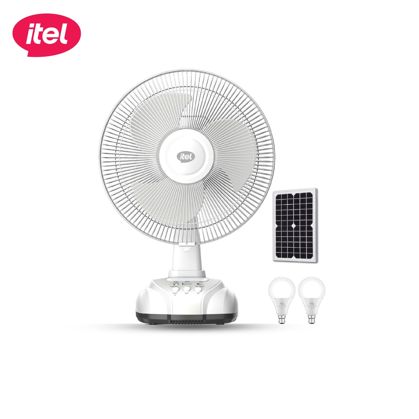 itel 12 Inches AC/DC Solar Rechargeable Fan With Panel & 2 Bulbs