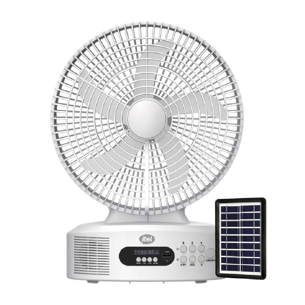 itel Lonter Rechargable Fan with Solar Panel + Bluetooth/FM Music Player 12" M002