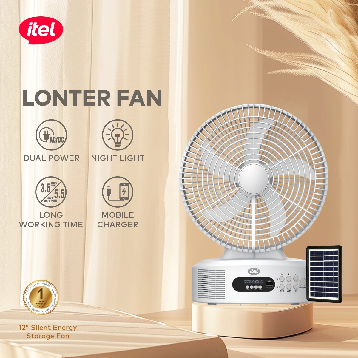 itel Lonter Rechargable Fan with Solar Panel + Bluetooth/FM Music Player 12" M002