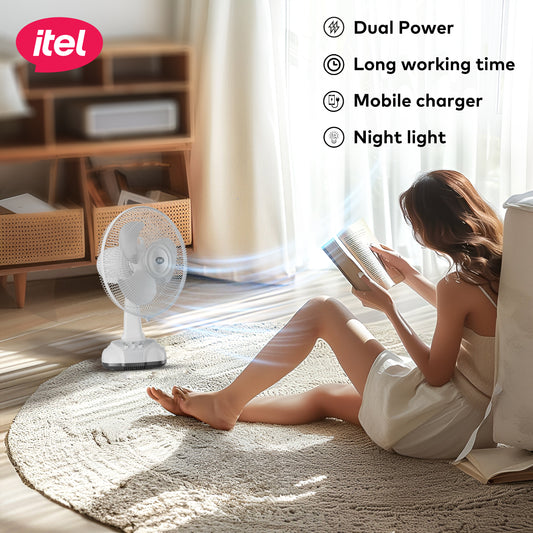 itel 12 Inches AC/DC Solar Rechargeable Fan With Panel & 2 Bulbs