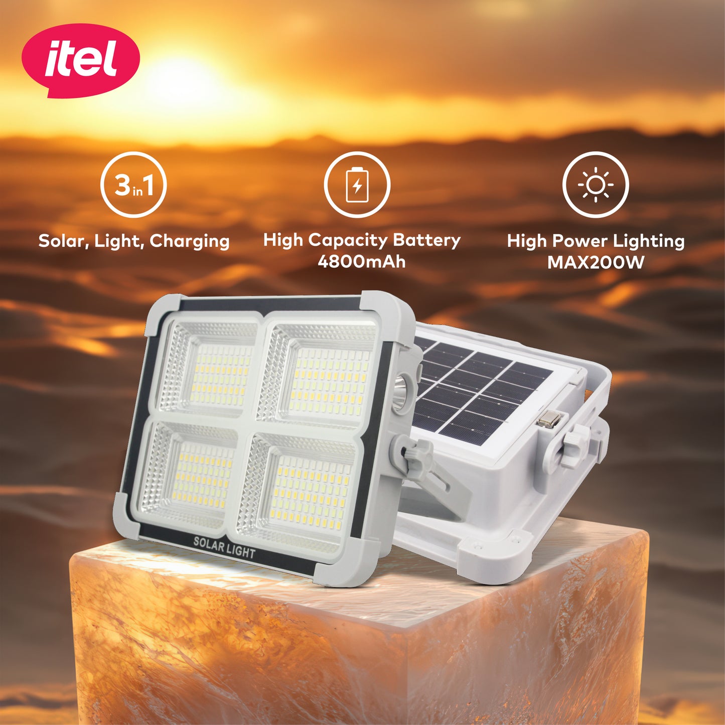Itel Solar Light L1 ISL-001, 200W Multifunctional, High Power Lighting & Charging, High Capacity Battery