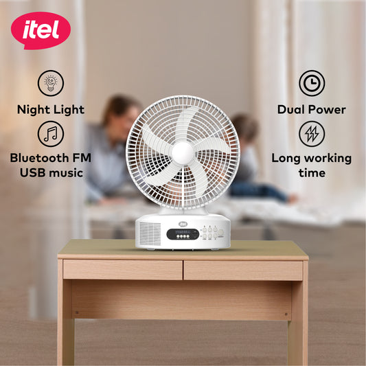 itel 12 Inches AC/DC Solar Rechargeable Music Fan With Panel