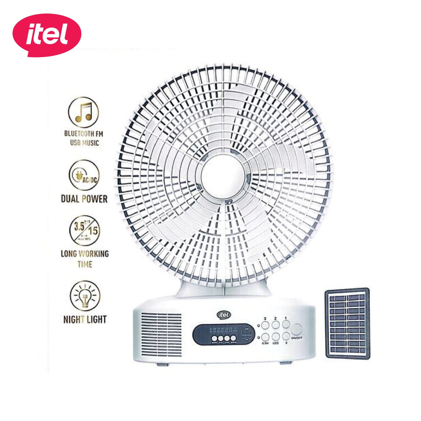 itel 12 Inches AC/DC Solar Rechargeable Music Fan With Panel