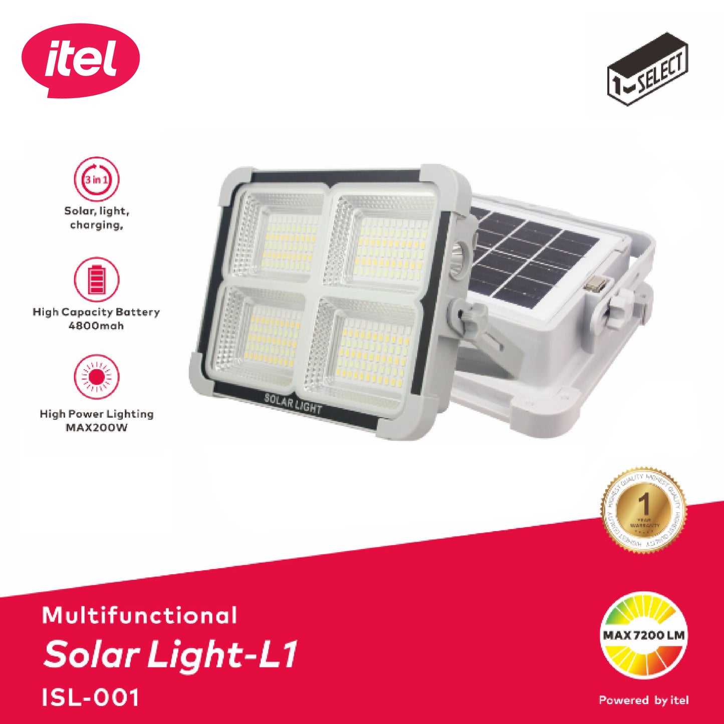 Itel Solar Light L1 ISL-001, 200W Multifunctional, High Power Lighting & Charging, High Capacity Battery
