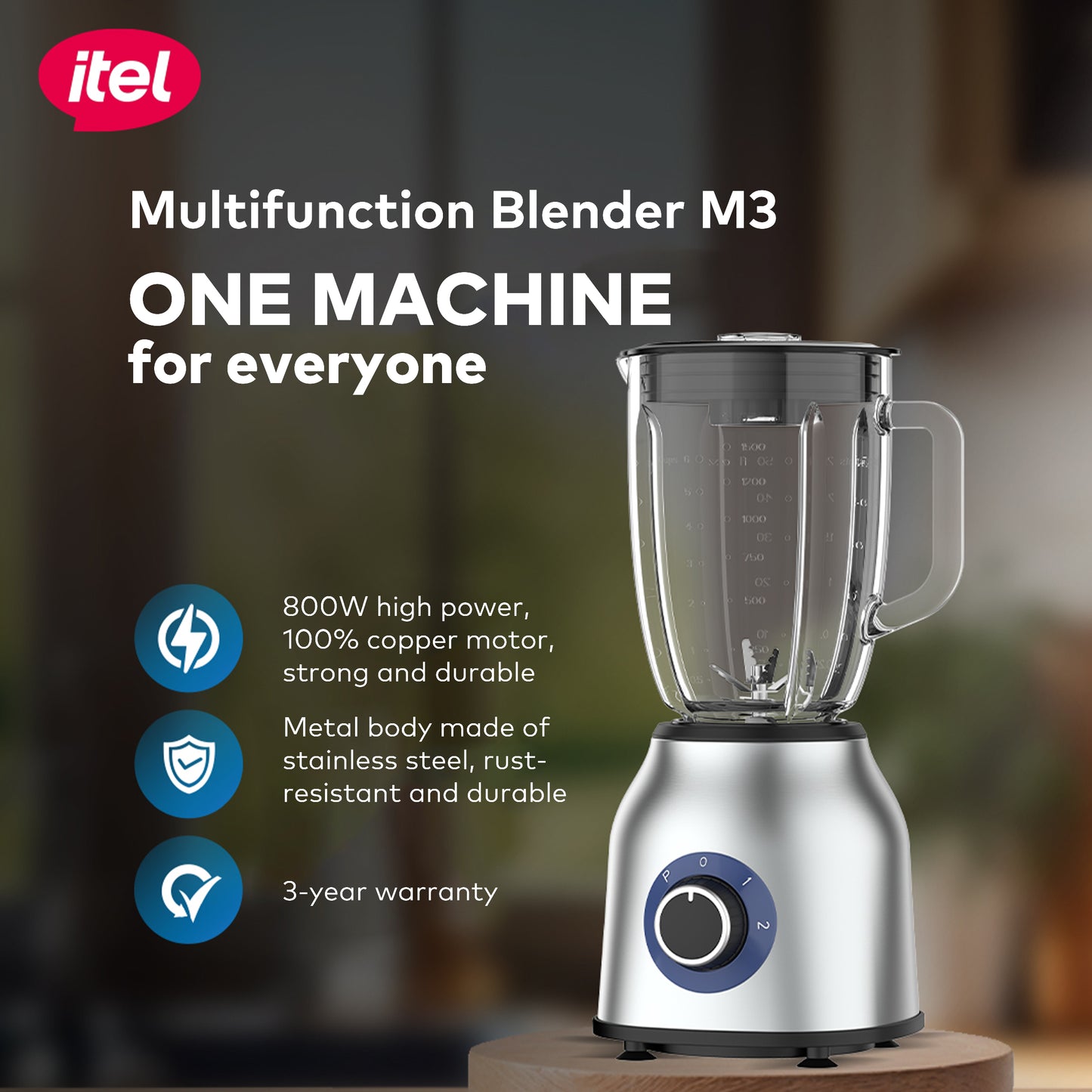 itel 800W 1.8 Litres 2 In 1 M3 Blender (IESA-003) - Blue