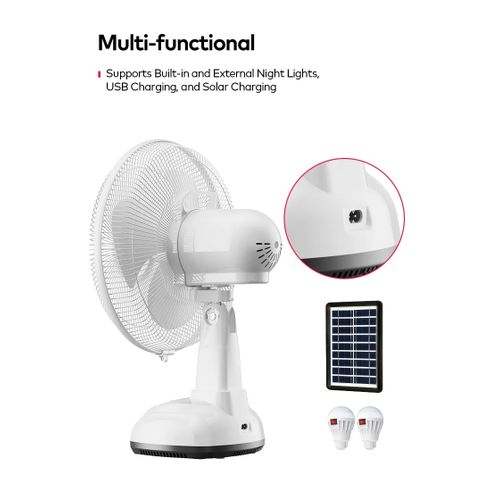 itel 12 Inches AC/DC Solar Rechargeable Fan With Panel & 2 Bulbs